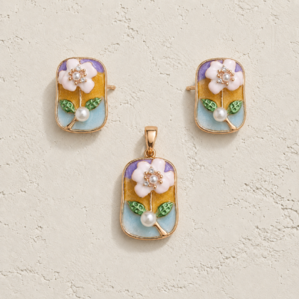Floral Enamel Pendant & Earrings Set