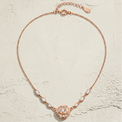 Rose Gold Camellia Blossom Marquise Station Statement Necklace