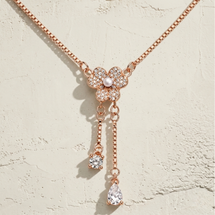 Rose Gold Jasmine Bloom Cascading Pearl & Teardrop Necklace