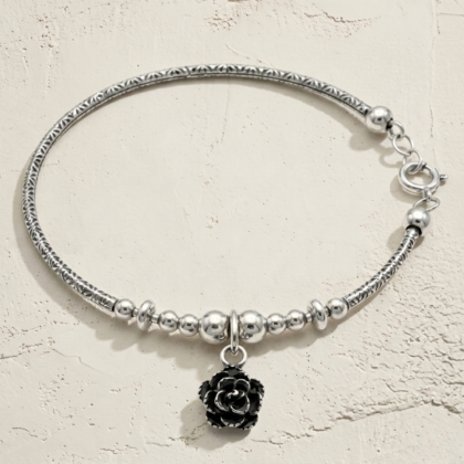 Vintage Noir Blossom Oxidized Silver Beaded Bangle