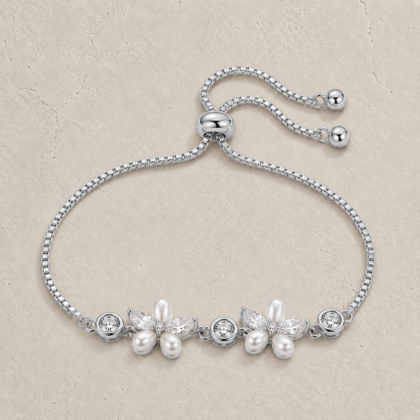 Silver Pearl Floral Adjustable Bracelet