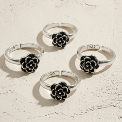 Vintage Noir Rose Oxidized Sterling Silver Adjustable Ring
